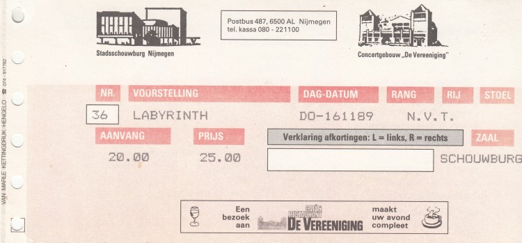 Labyrinth with Cesar Zuiderwijk show ticket November 16, 1989 Nijmegen - Schouwburg